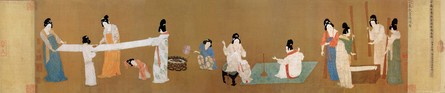 Attributed to Emperor Huizong 徽宗 (1082–1135), Court Ladies Preparing Newly Woven Silk, ink, color and gold on silk, copy after Zhang Xuan 張萱 (713–755), handscroll