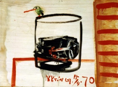 Ding Yanyong 丁衍庸 (1902–1978)
Glass, gold fish and small bird
Oil on wood / 44 x 60 cm / Dated 1970
水杯金魚小鳥
木板油畫